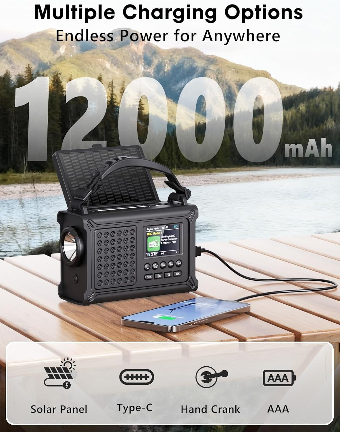 Emergency Wind-Up Solar DAB+/FM Radio with Bluetooth, Torch & 12000mAh
