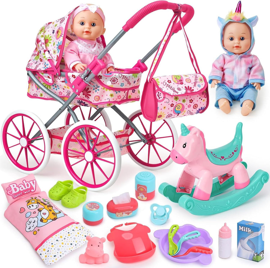 Baby Doll Playset w Stroller Rocking Horse Clothes Feeding Accessories