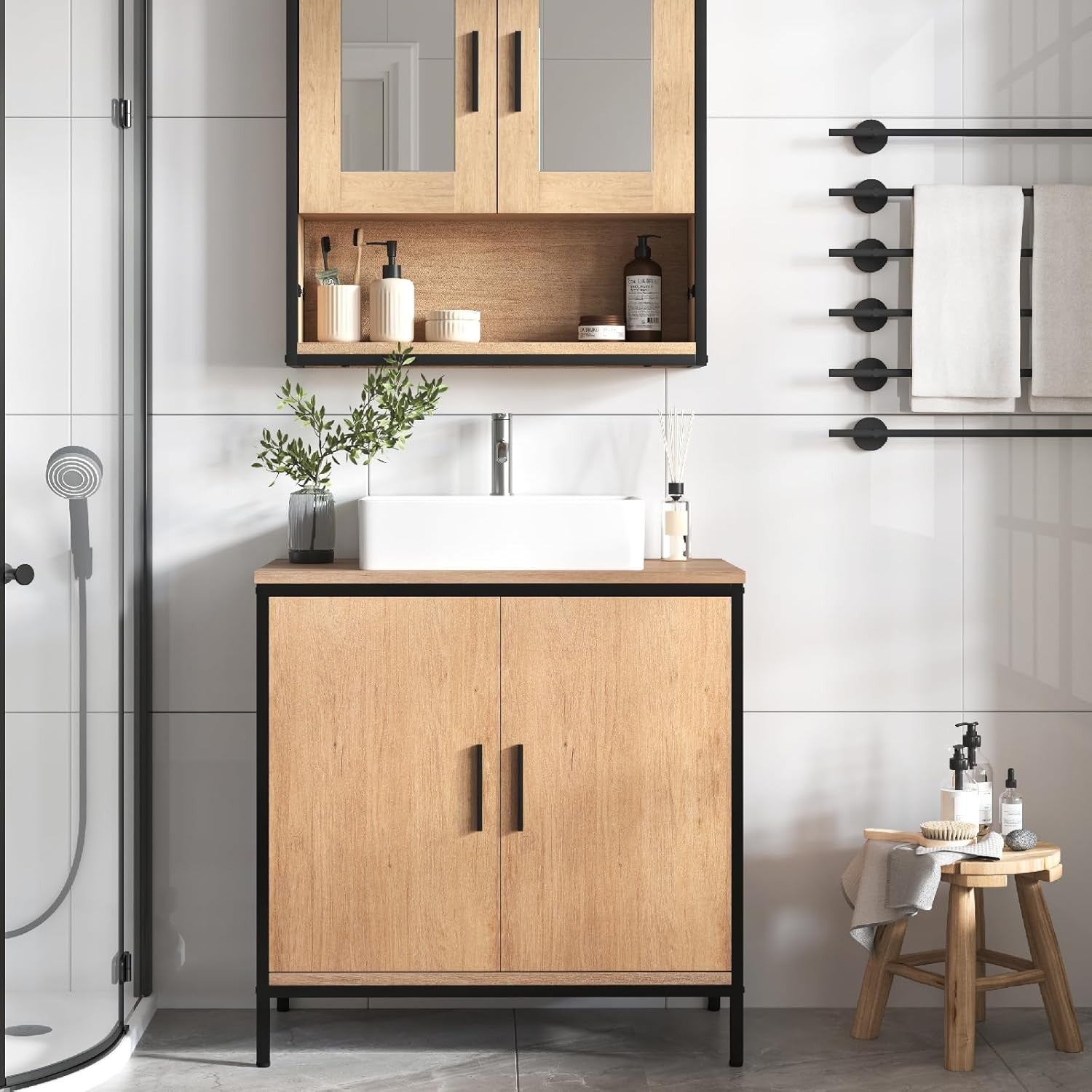 Wood Effect Under Sink Bathroom Cabinet 2 Door Vanity Storage Unit 60x30x60cm