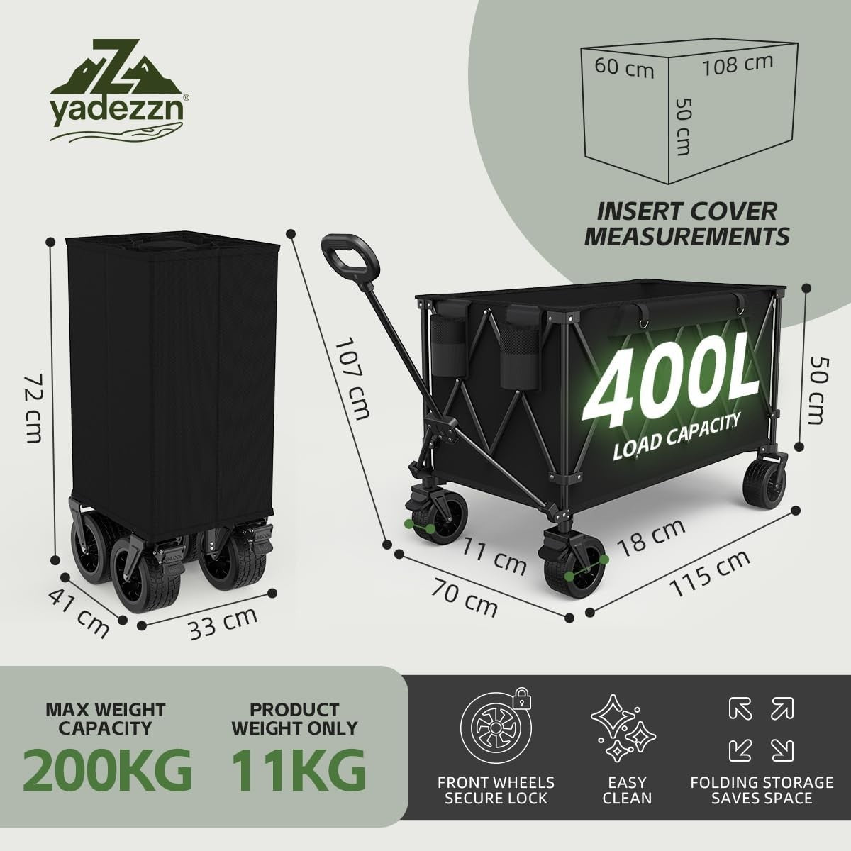 Black 400L Folding Camping Wagon Heavy Duty Festival Trolley 10cm Wide Wheel