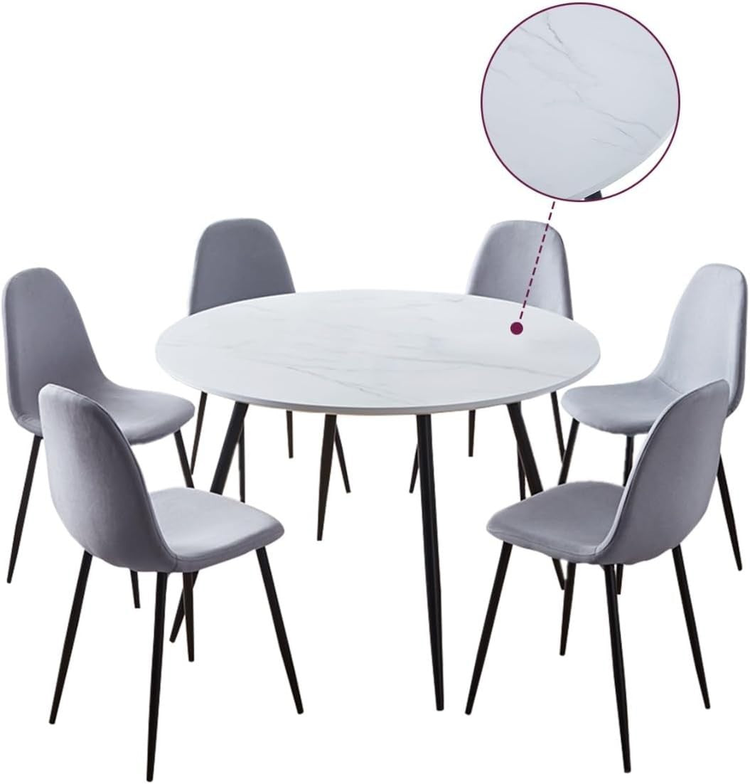 Round Marble Effect Dining Table & 6 Grey Fabric Chairs Set 120cm