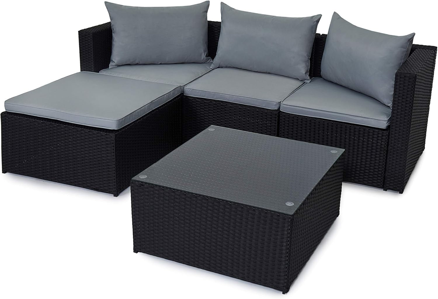 5-Piece Black Rattan Garden Corner Sofa Set with Cushions & Glass Table