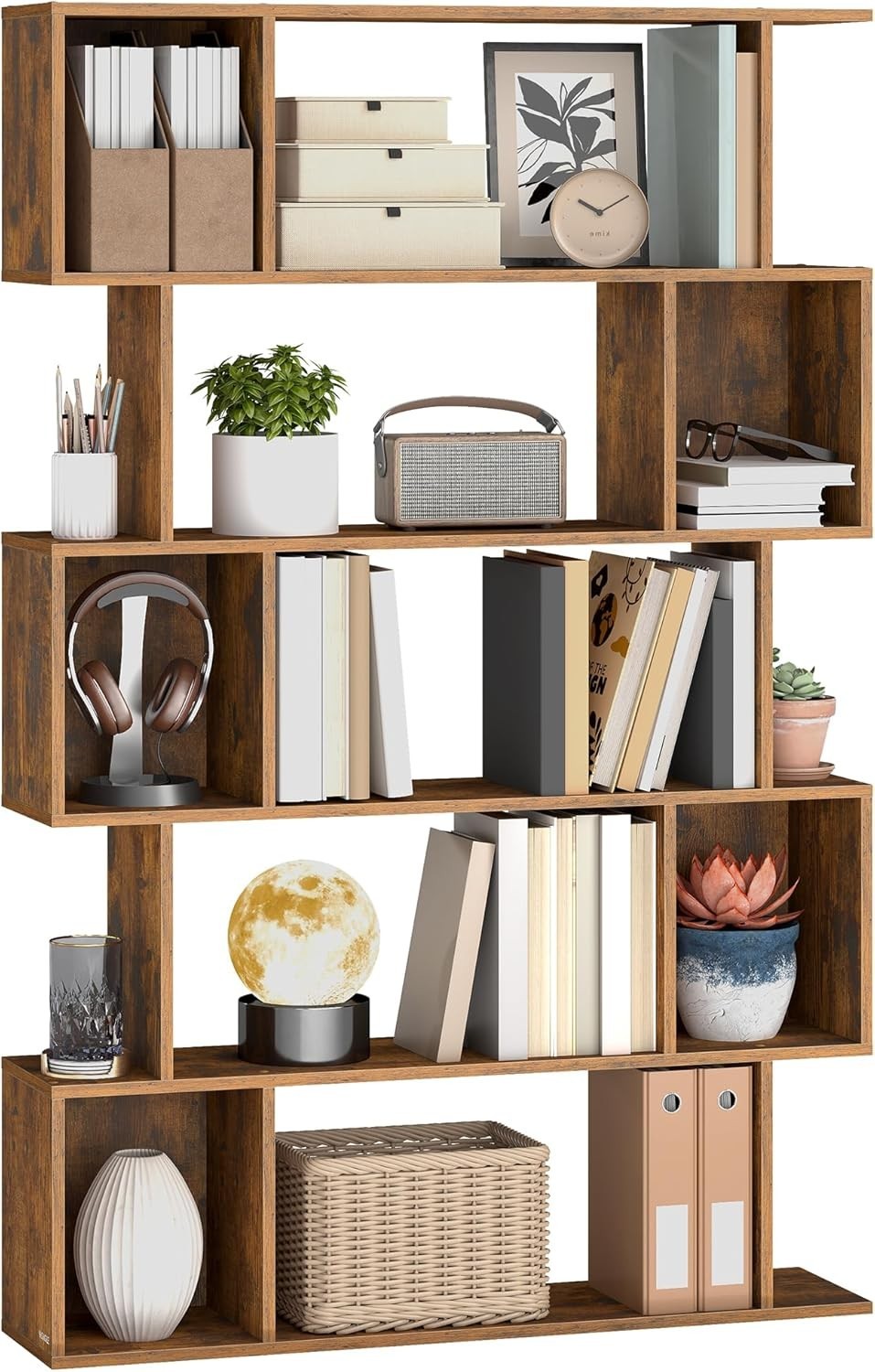 5 Tier S Shaped Bookcase Rustic Brown Bookshelf Storage Unit 90cm Wide