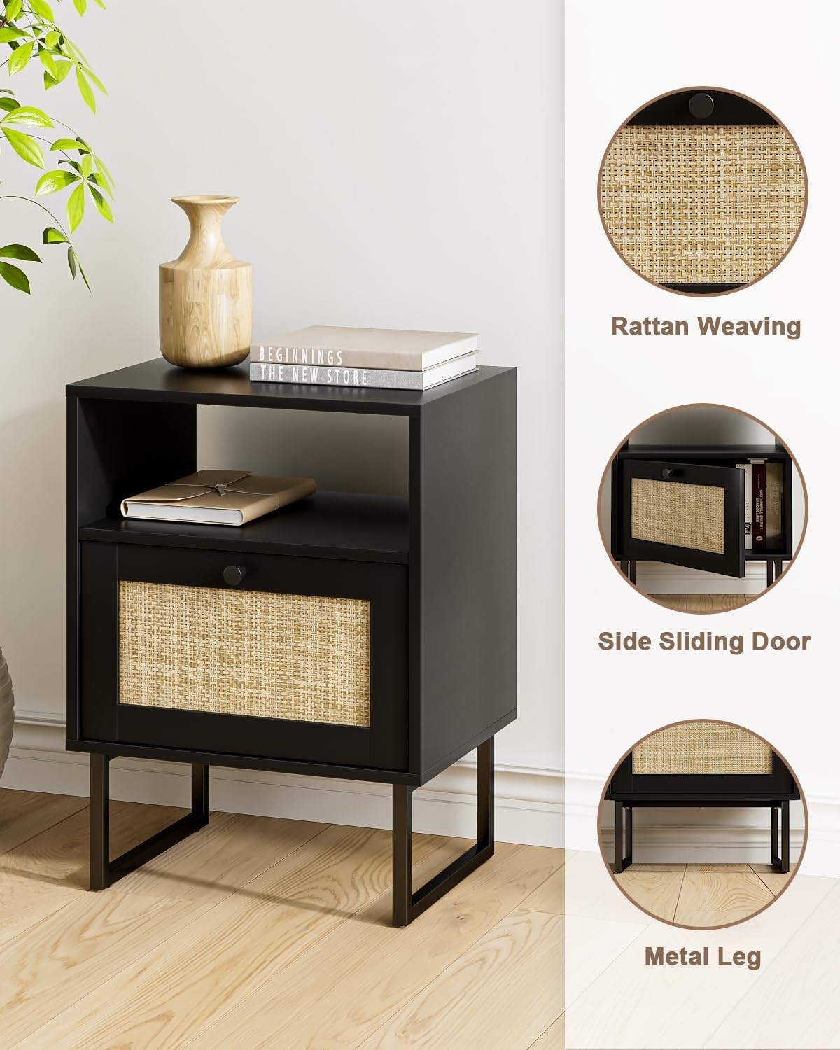 Luxury Rattan Bedside Table with Drawer Black Oak Nightstand XL Boho Style