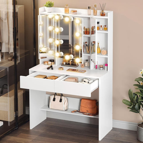 Vanity Dressing Table Desk Set w/ Lighted Mirror Adjustable Shelves Drawers Stor