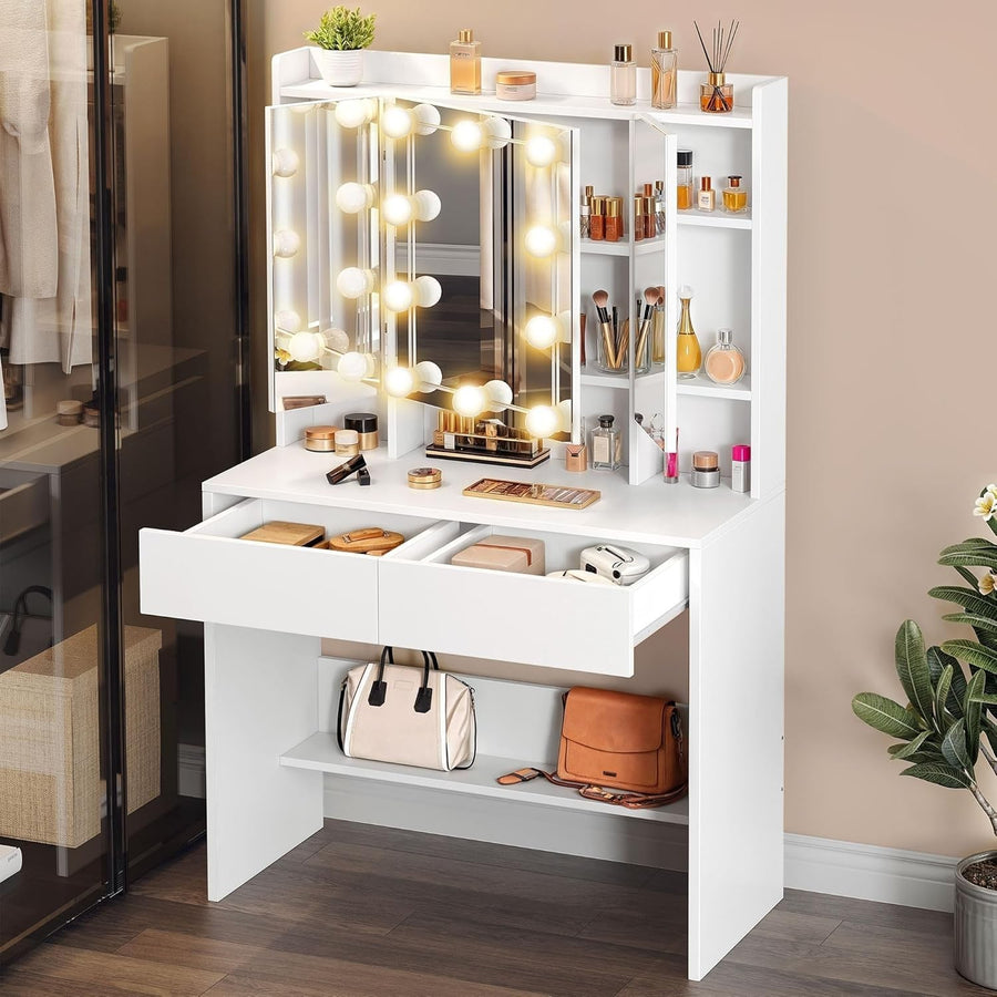 Vanity Dressing Table Desk Set w/ Lighted Mirror Adjustable Shelves Drawers Stor