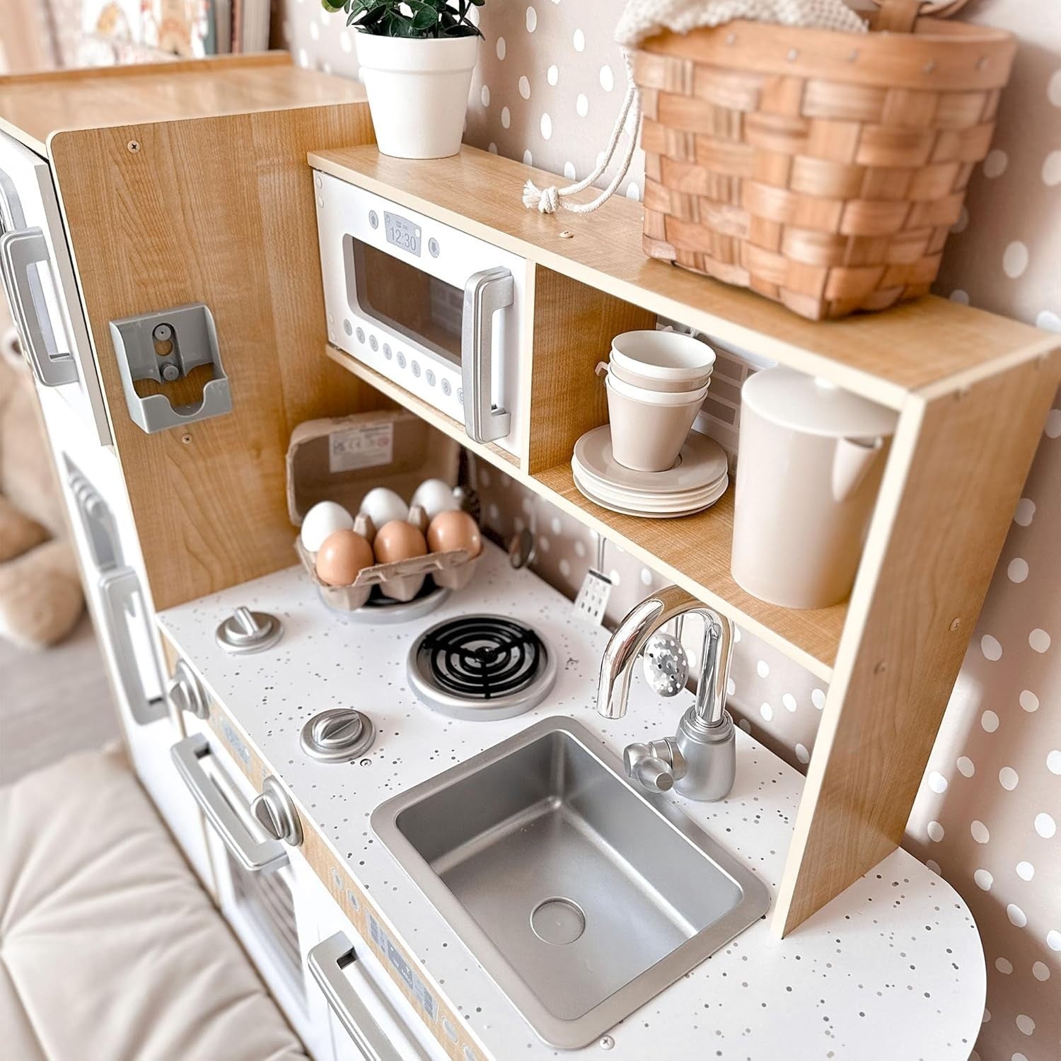 Wooden Kids Play Kitchen LED Lights Pretend Cooking Set Natural XL