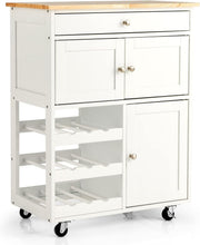 Rolling Kitchen Serving Trolley Cart with Drawer, Wine Rack & Cabinets, White