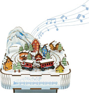 3D Wooden Snow Train Puzzle Music Box DIY Kit Gift Rotating Light-Up Decor