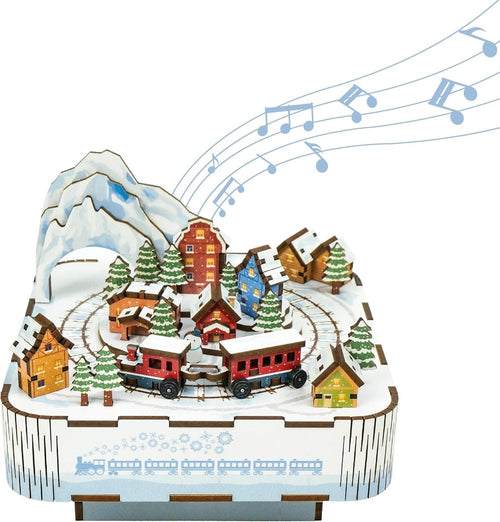 3D Wooden Snow Train Puzzle Music Box DIY Kit Gift Rotating Light-Up Decor