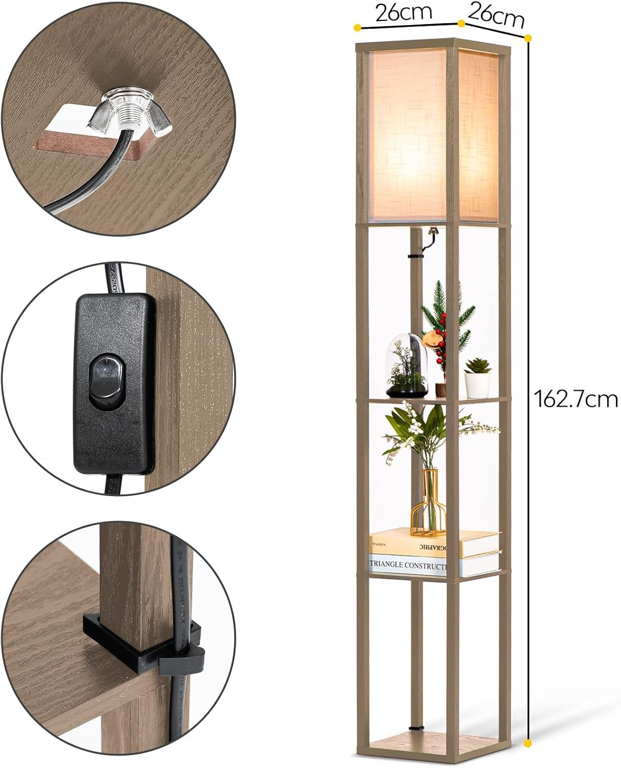 Floor Lamp with Shelves Wooden Standing LED Light Storage Display Light Brown