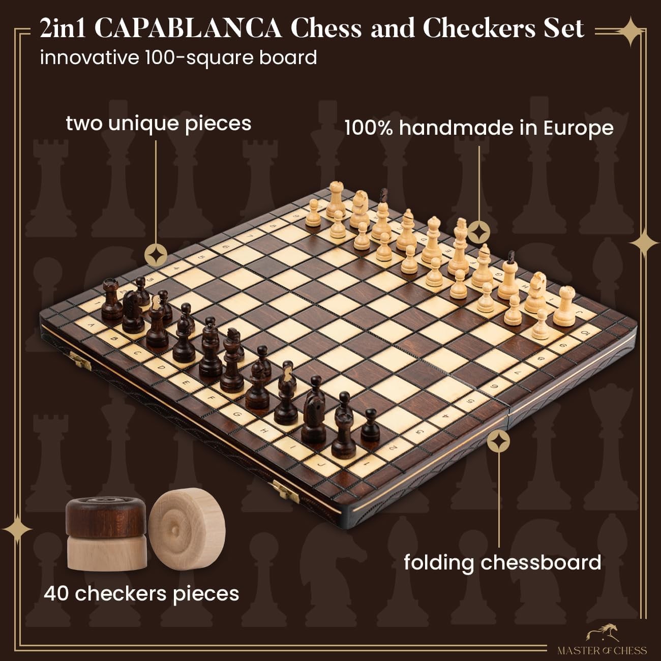 40cm Wooden Chess & Checkers Set | 2-in-1 Folding Board | Premium Capablanca Edi