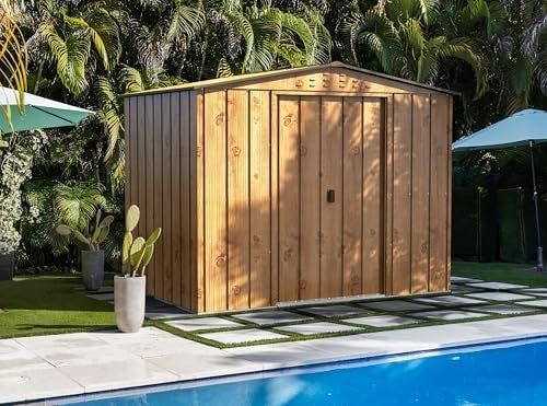 Metal Garden Storage Shed 8x6ft Waterproof Outdoor Tool Shed Woodgrain Brown