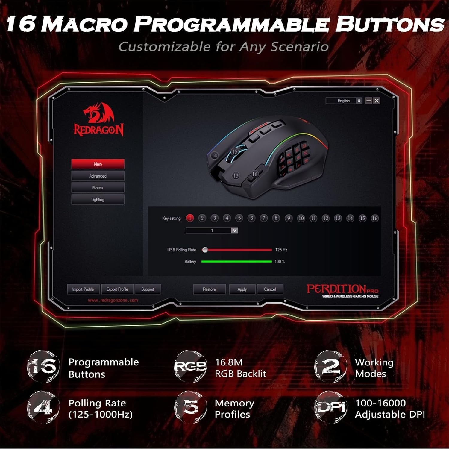 Wireless MMO Gaming Mouse 16000 DPI 16 Buttons RGB Rechargeable