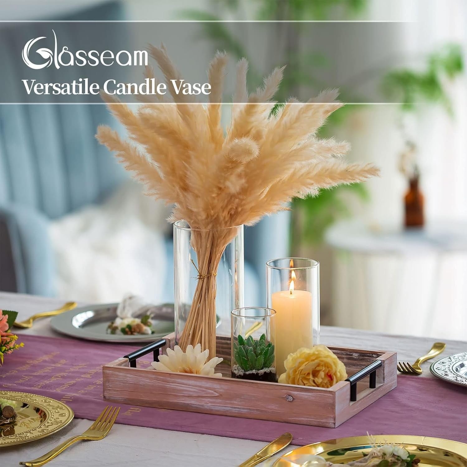Glass Hurricane Candle Holders Set of 3 Clear Cylinder Wedding Table Decor