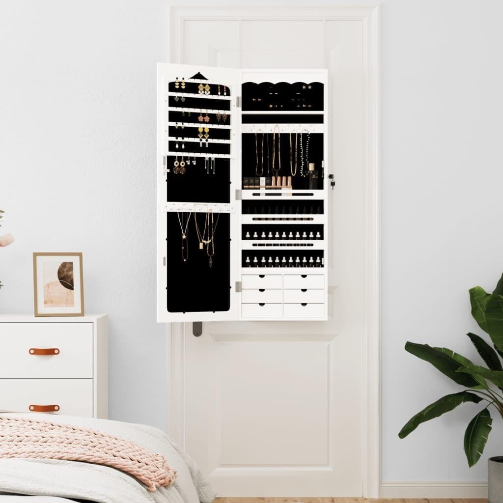 Tall Wall Mounted Jewelry Cabinet Mirror Lockable Slim Storage White