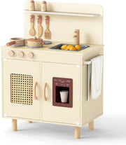 Kids Wooden Play Kitchen w/ Ice Maker Sink Yellow Toy Set