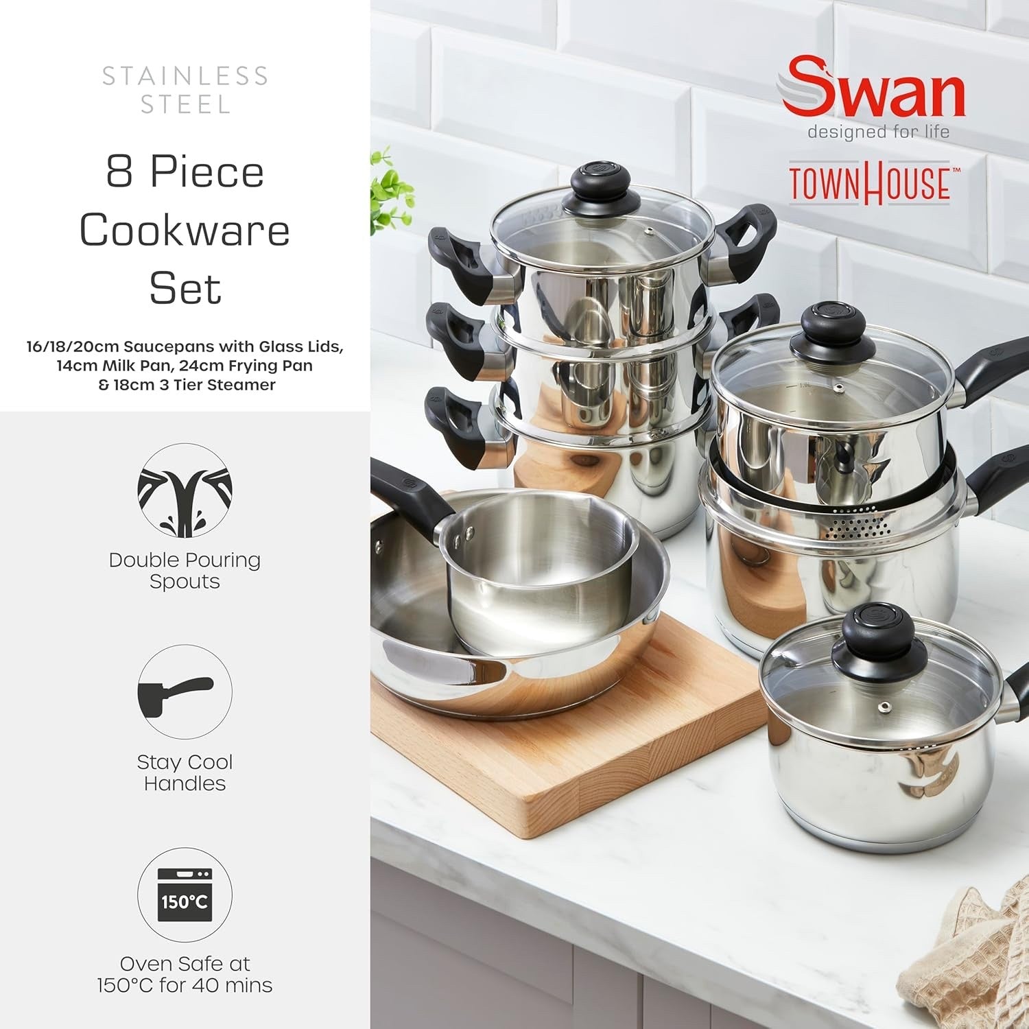 8Pcs Stainless Steel Cookware Set with Saucepans, Frying Pan & Steamer