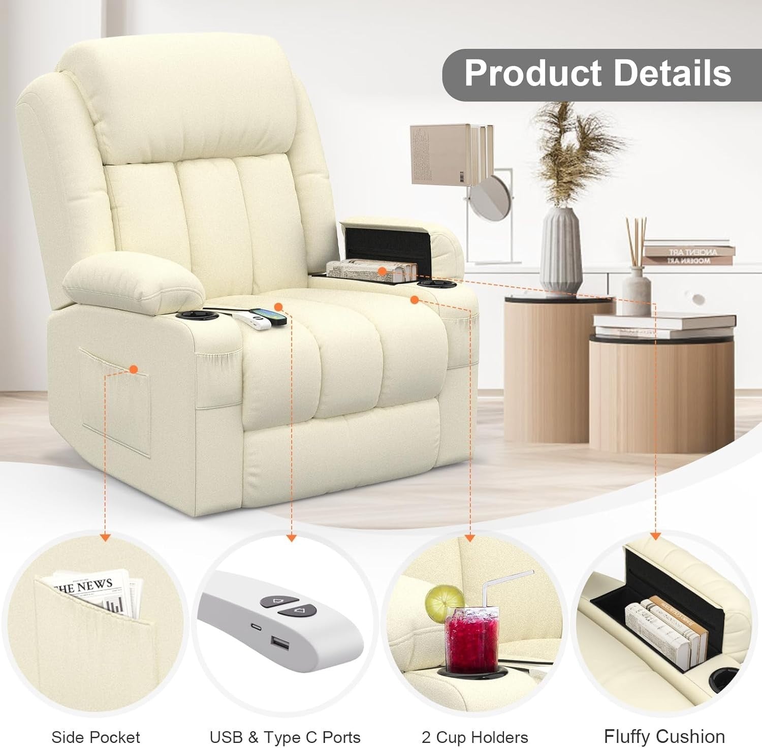 Power Lift Recliner Chair Massage Heat USB Ports Cup Holders Faux Leather Beige