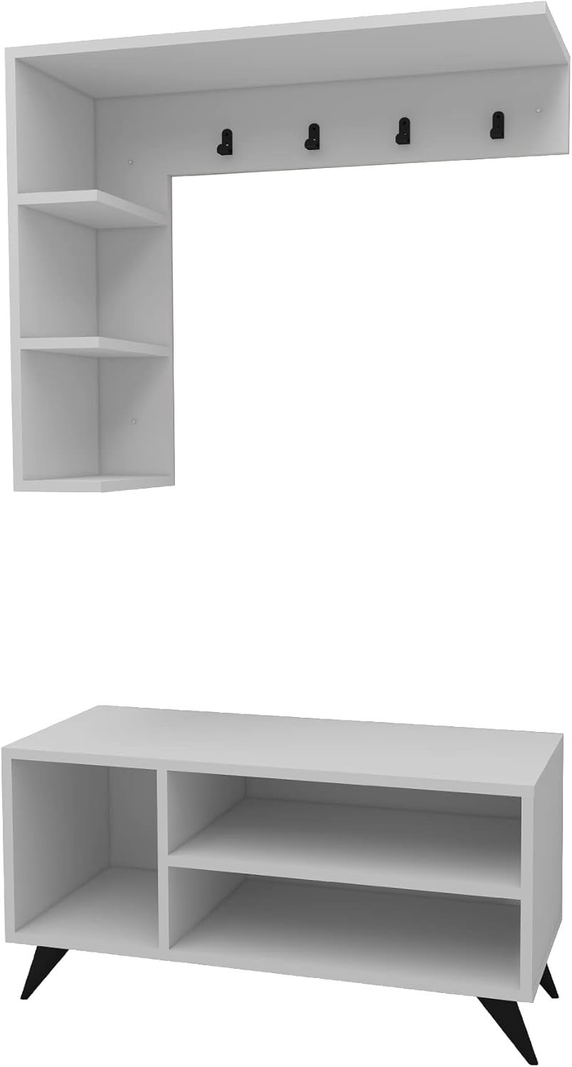 White Coat Rack & Shoe Storage Bench – Modern Wall Hallway Organizer Unit