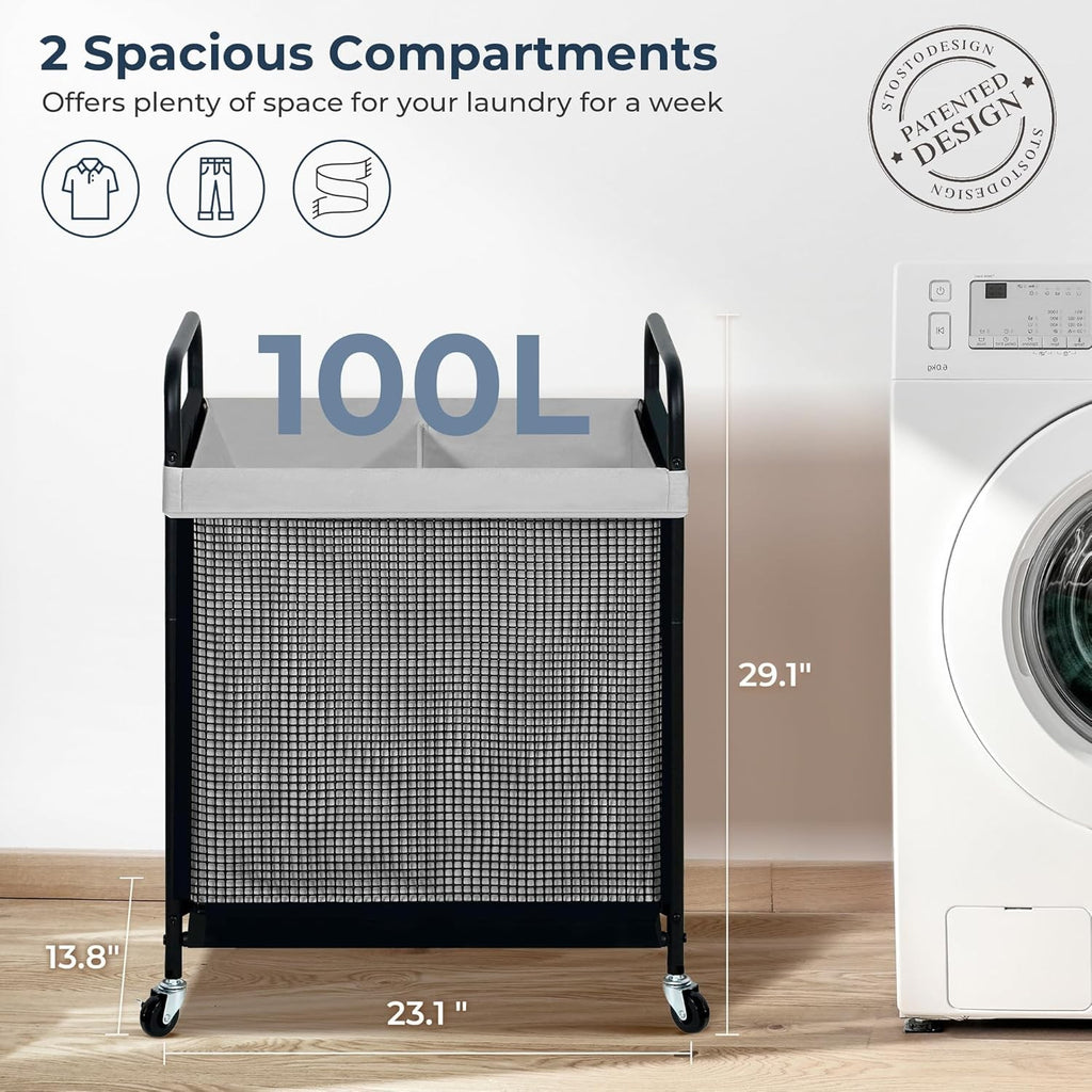 100L Rolling Laundry Hamper 2 Section Cart with Wheels Removable Washable Bag