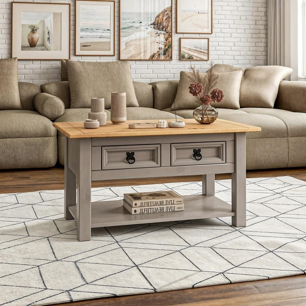 Grey 2-Drawer Coffee Table, Solid Pine Mexican Style 85x50cm