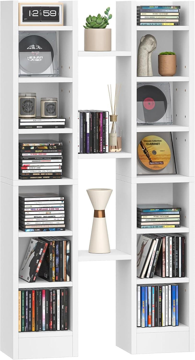 CD DVD Storage Tower 14 Shelf Media Rack Adjustable Bookcase White