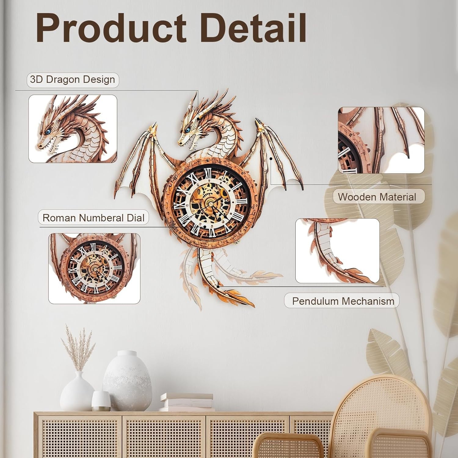 3D Dragon Wall Clock Puzzle Kit with Mechanical Pendulum & Vintage Design