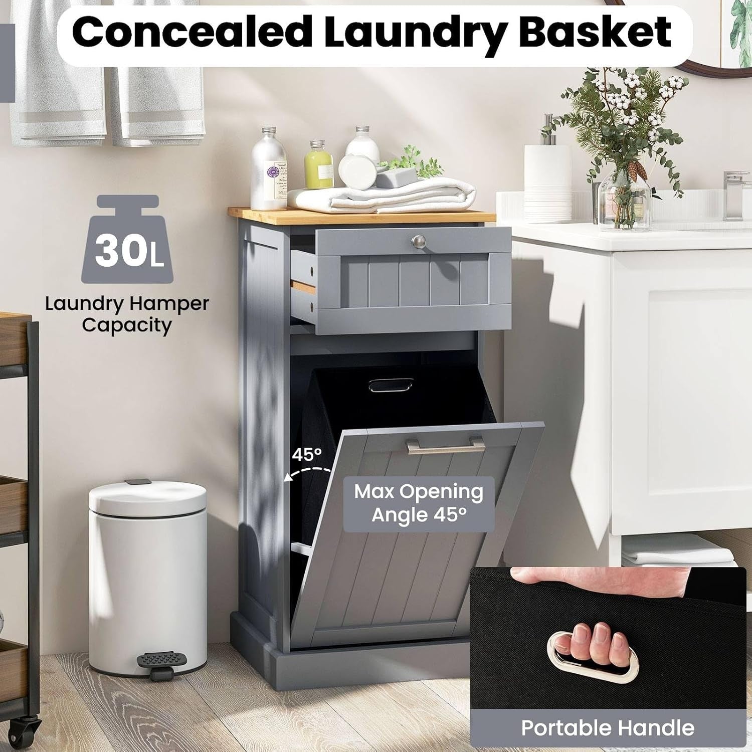 Grey Tilt-Out Laundry Hamper Cabinet with Drawer 30L Basket Bathroom Unit