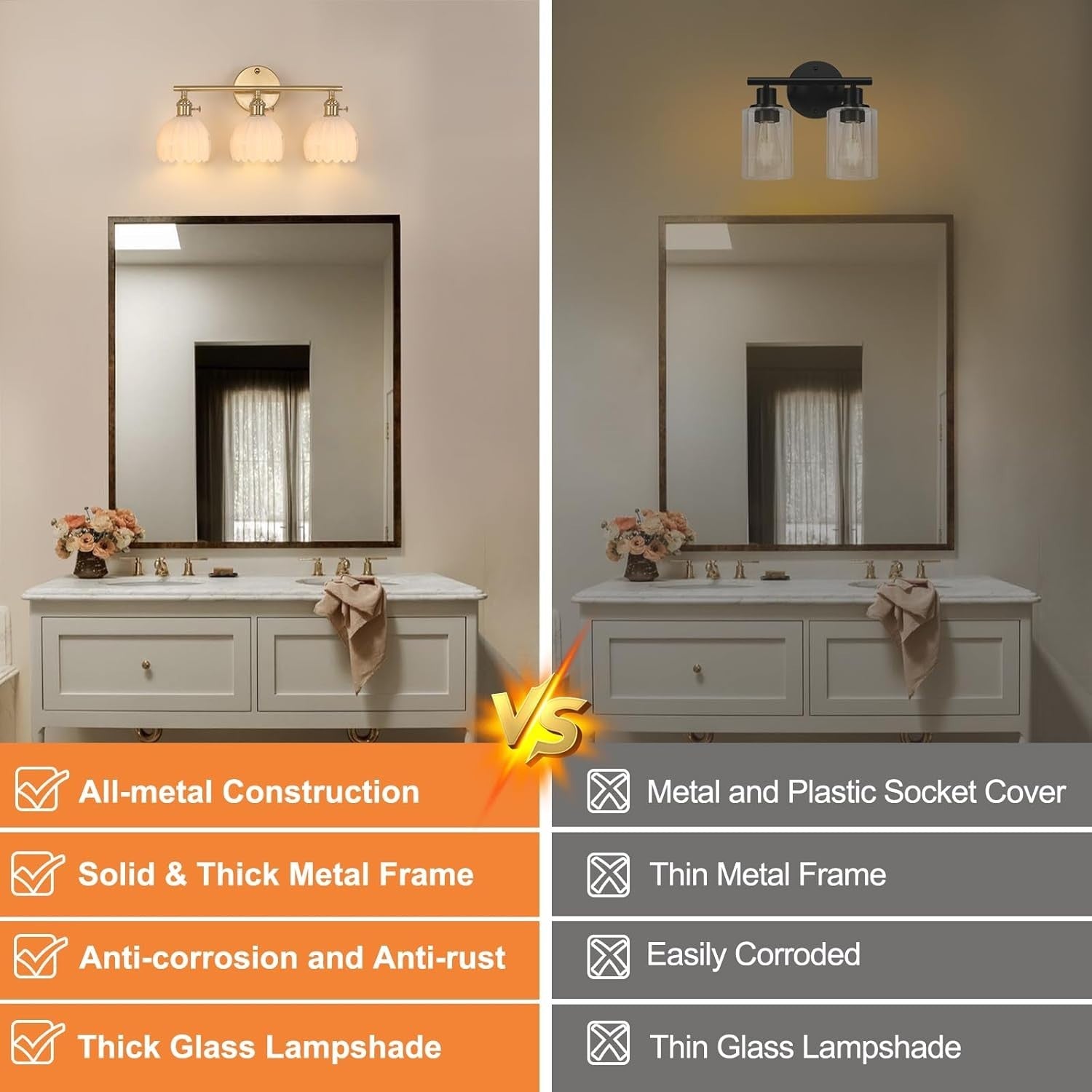 3-Light White Glass Wall Sconce Vanity Light Brass Fixture Bathroom Mirror