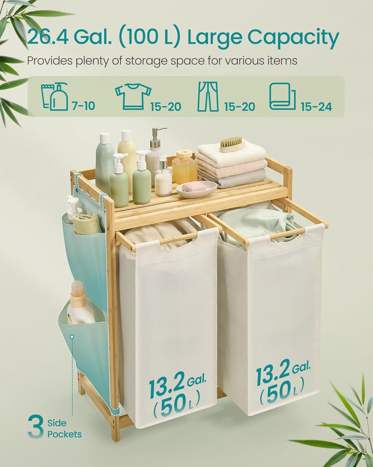 Dual Laundry Hamper with Bamboo Shelf 2 Compartments Sorter 100L Cream