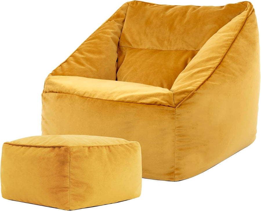 Ochre Yellow Velvet Bean Bag Chair Adult Armchair Set with Footstool