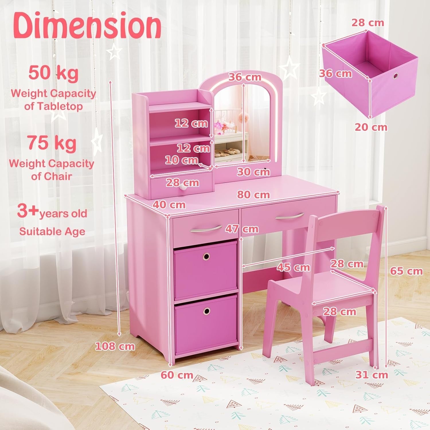Kids Vanity Table Set Pink Girls Dressing Stool LED Mirror Storage Safe