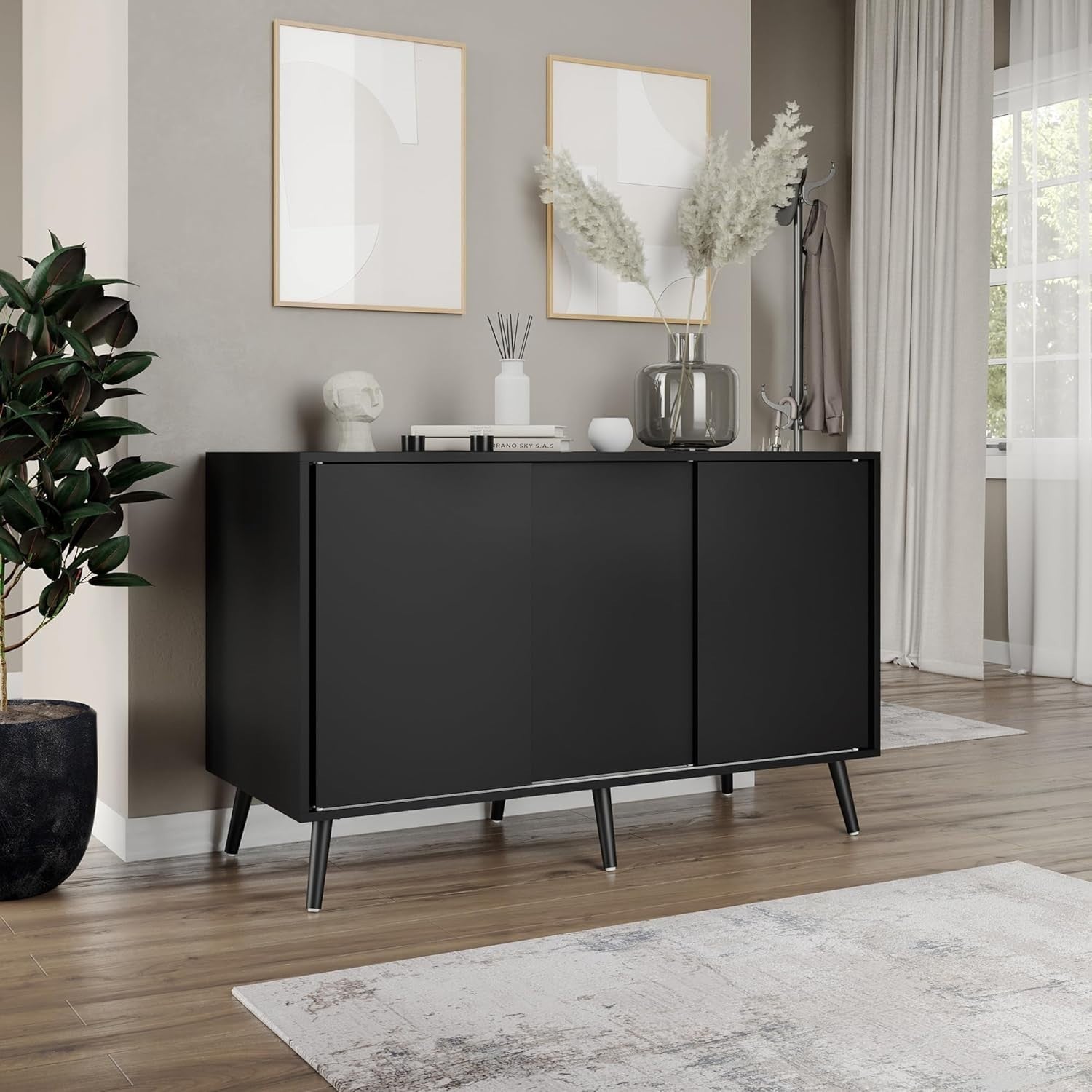 3 Door Sliding Sideboard Cabinet Wooden Black Leg Modern Storage Organizer Black