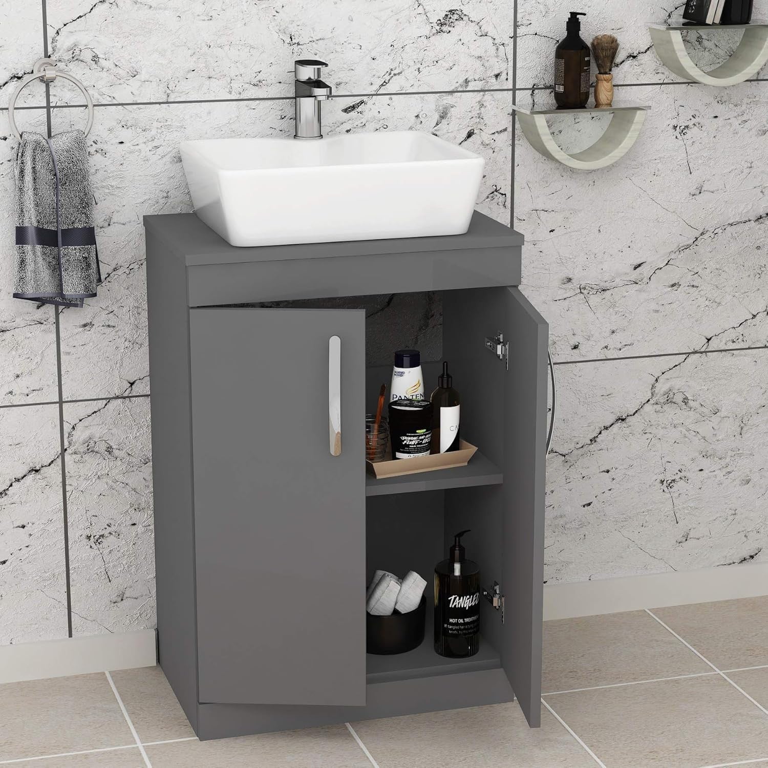 800mm Grey Gloss Floor Standing Vanity Unit with Basin 2 Door Sink Cabinet