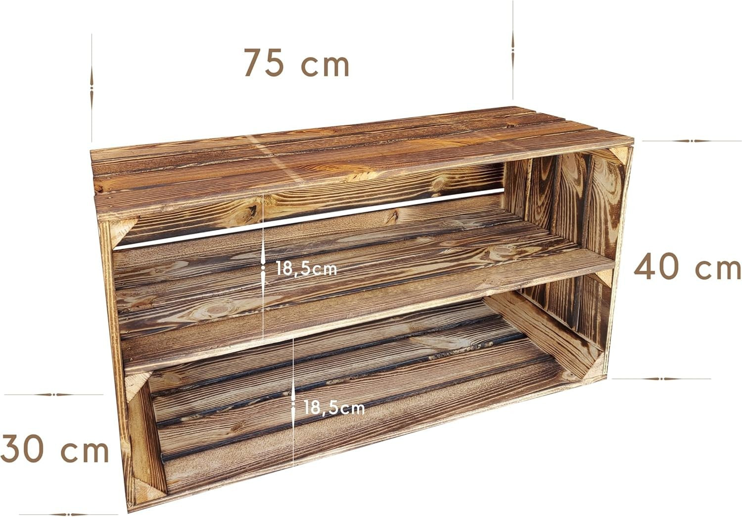 2 x Burnt Effect Wooden Crate with 1-Tier Shelf 40x30x75cm Rustic