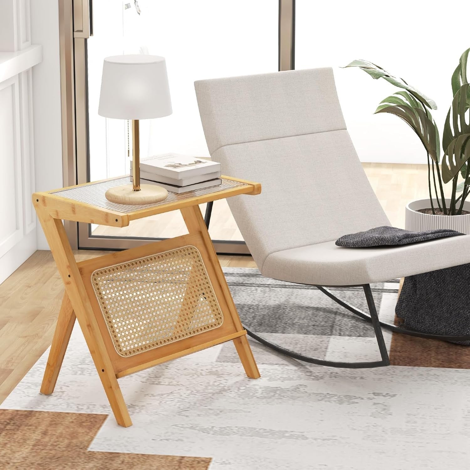 Slim Bamboo Side Table with Glass Top & Magazine Rack | 2-Tier Bedside Sofa Tabl
