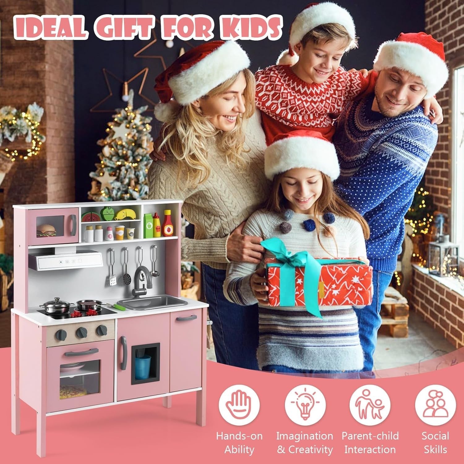 Wooden Kids Play Kitchen Light Pink Toy Set Oven Microwave Sound
