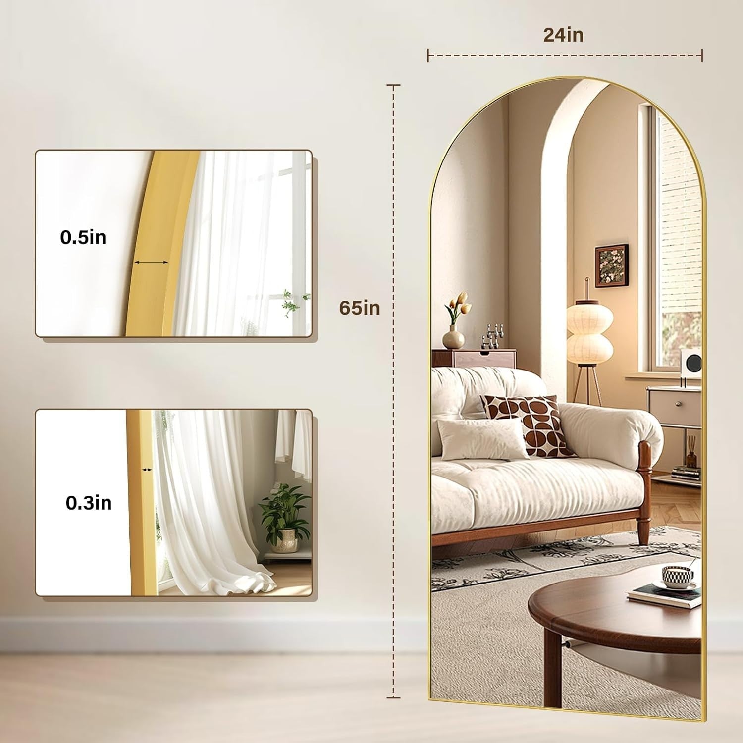 Arched Full Length Mirror 165x60cm Wall Standing Gold Frame, Shatterproof