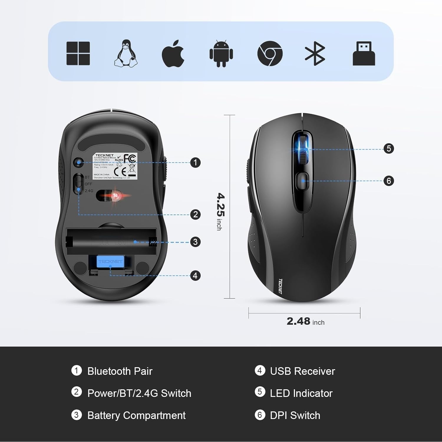 Wireless Bluetooth Mouse 4000DPI Multi Device Ergonomic Long Battery Laptop PC