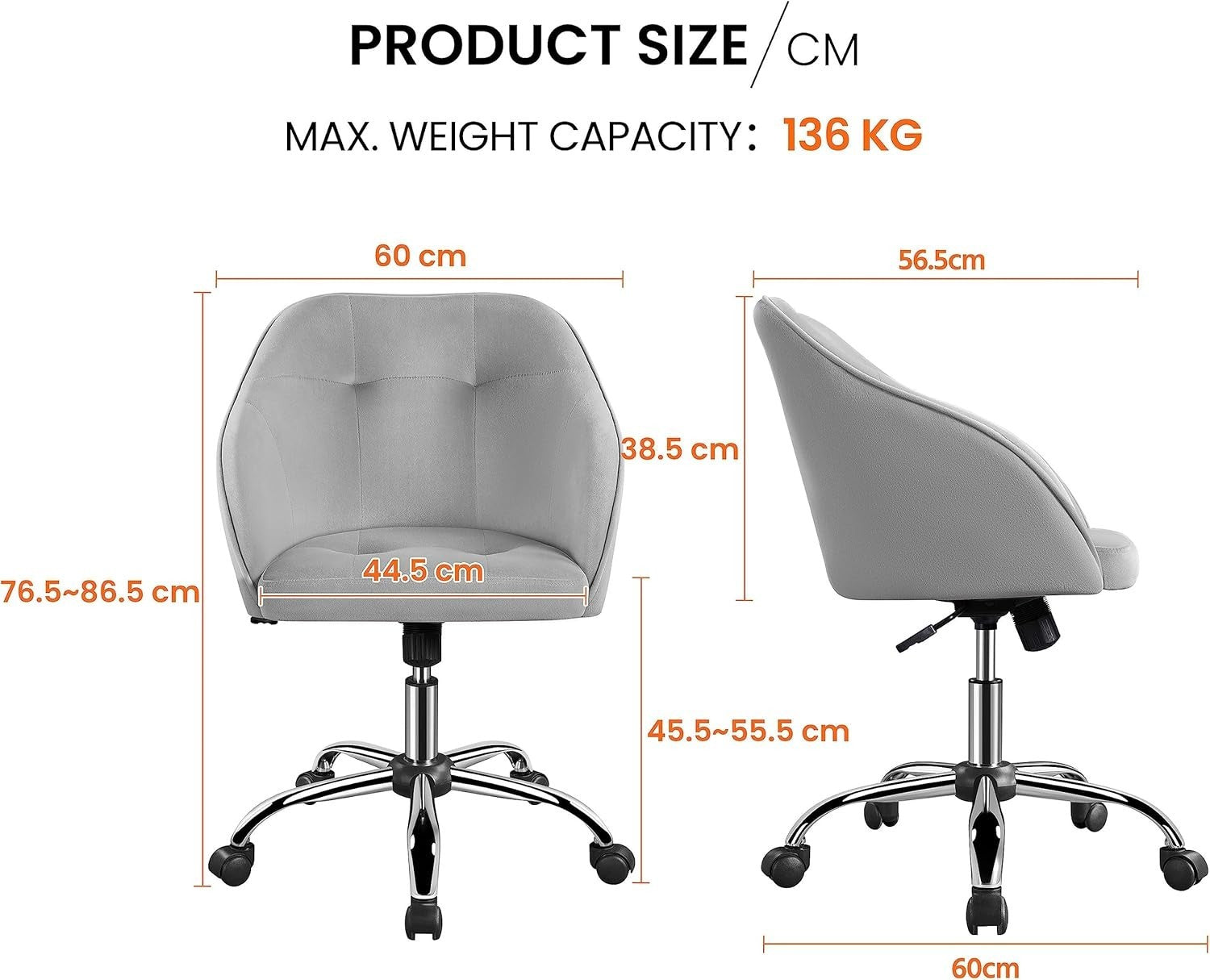 Ergonomic Velvet Office Chair Swivel Adjustable Height Armrest Light Gray