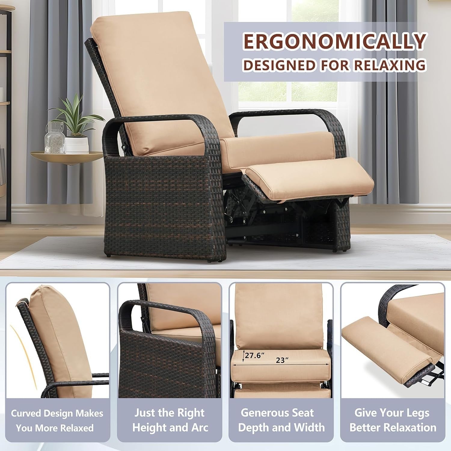 Reclining Outdoor Garden Chair with Cushions Rattan Frame Weatherproof