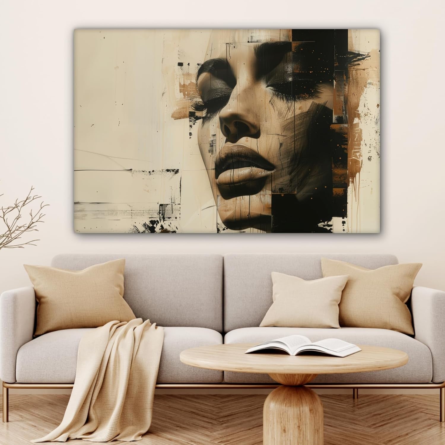 Large Abstract Woman Canvas Wall Art 120x80cm Modern Beige Portrait Decor