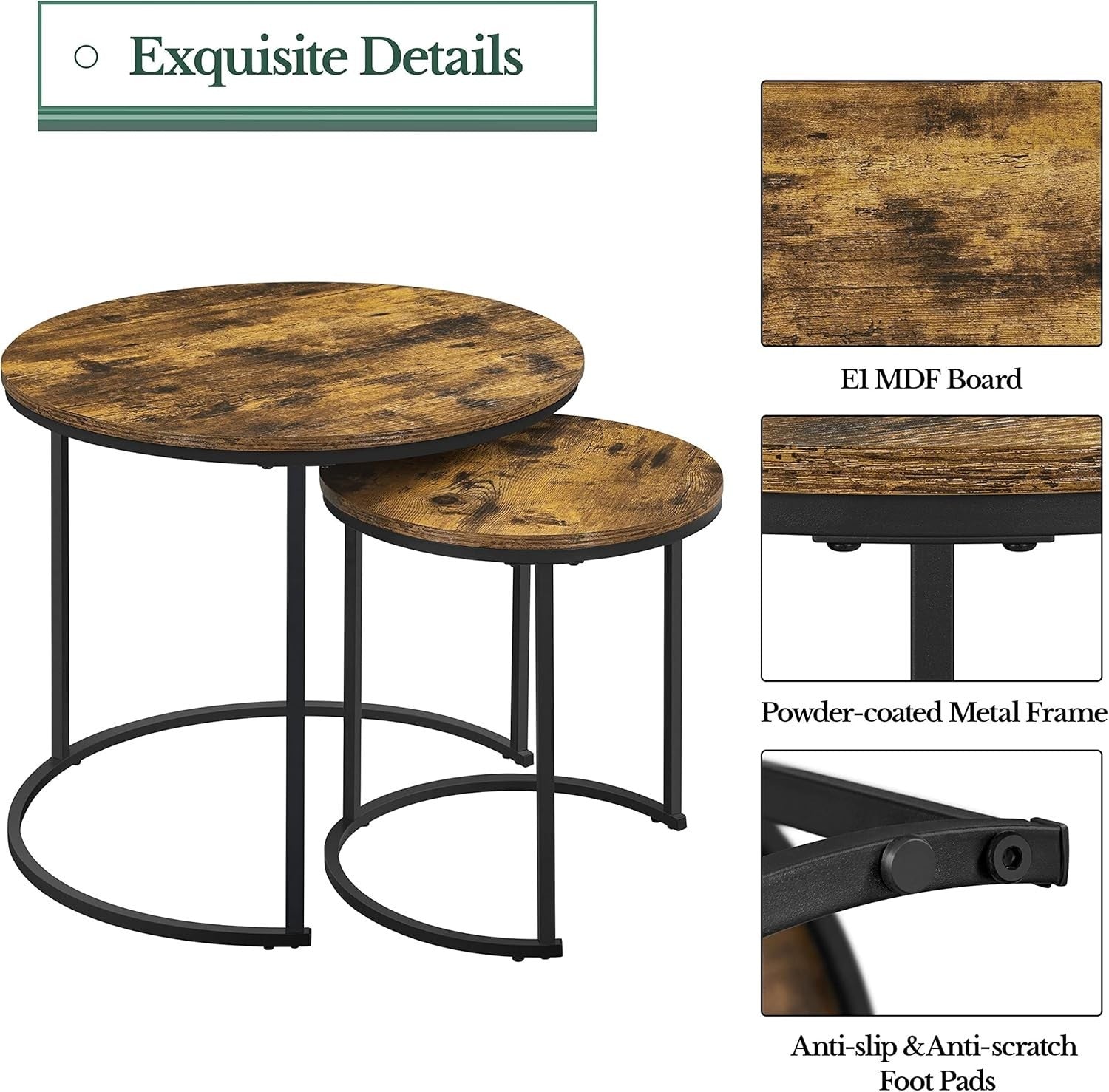 Space Saving Nesting Coffee Table Set 2 Round Rustic Wood Side End Tables Metal