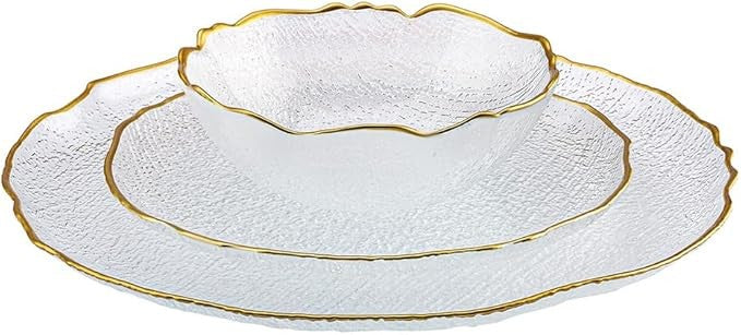 12 Piece Glass Dinnerware Set for 4 Gold Rim Plates Bowls Luxury Tableware