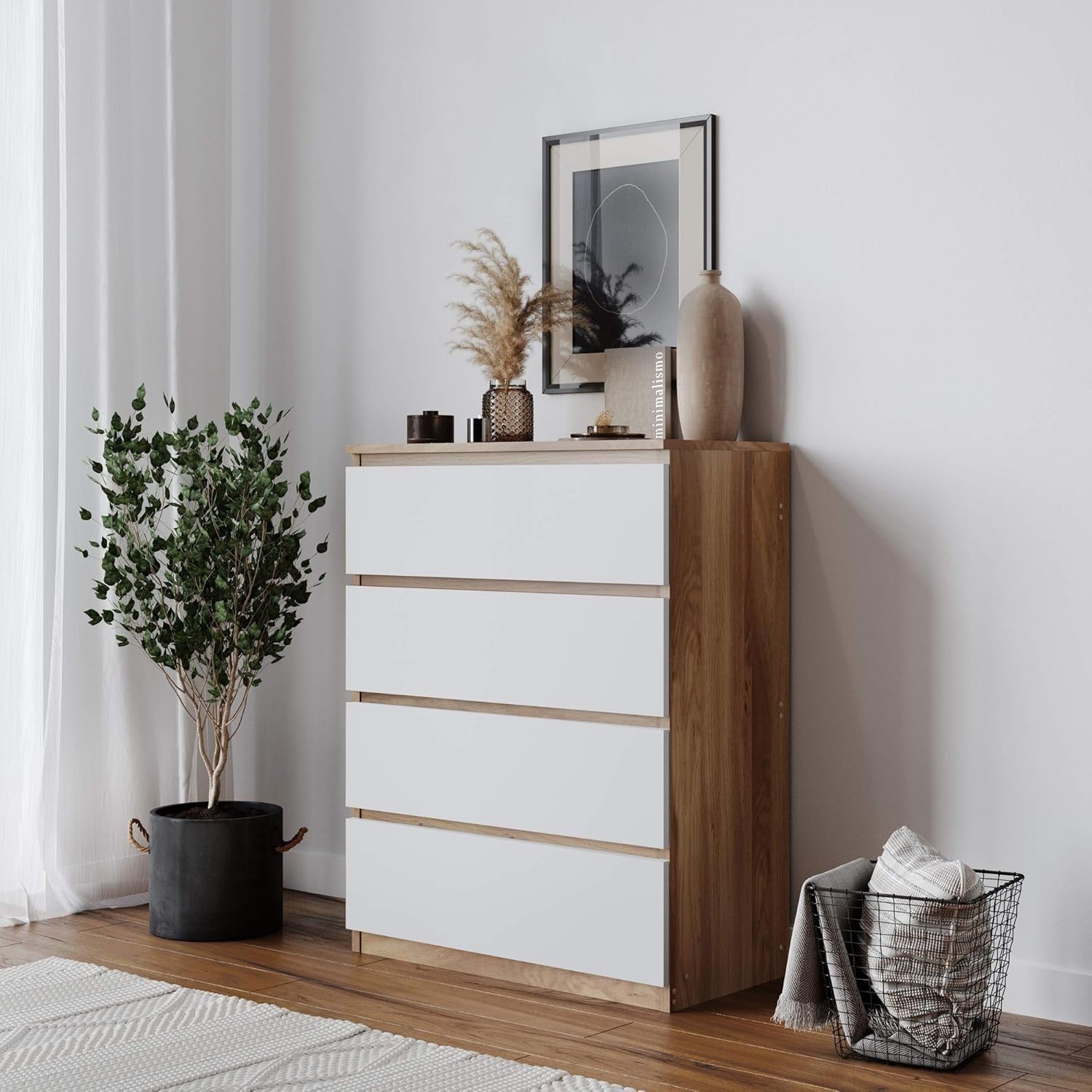 4 Drawer Chest Oak White Modern Bedroom Storage Slim Tall Cabinet Unit