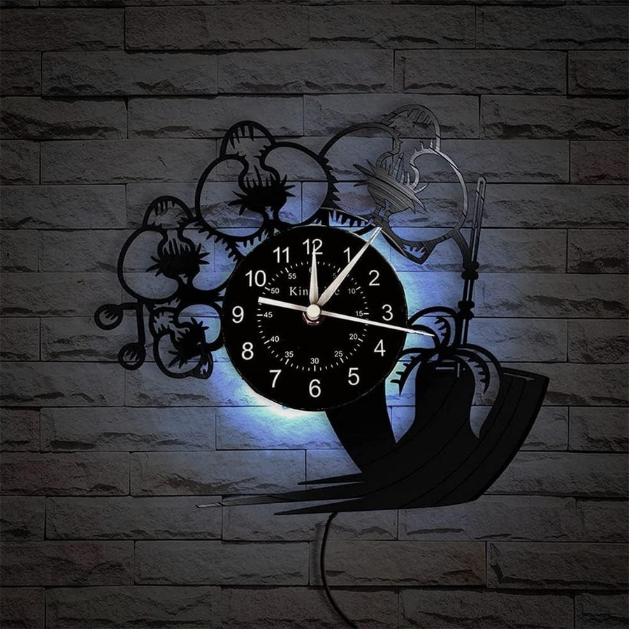 LED Butterfly Orchid Wall Clock Vintage Vinyl Style Silent Decor Gift