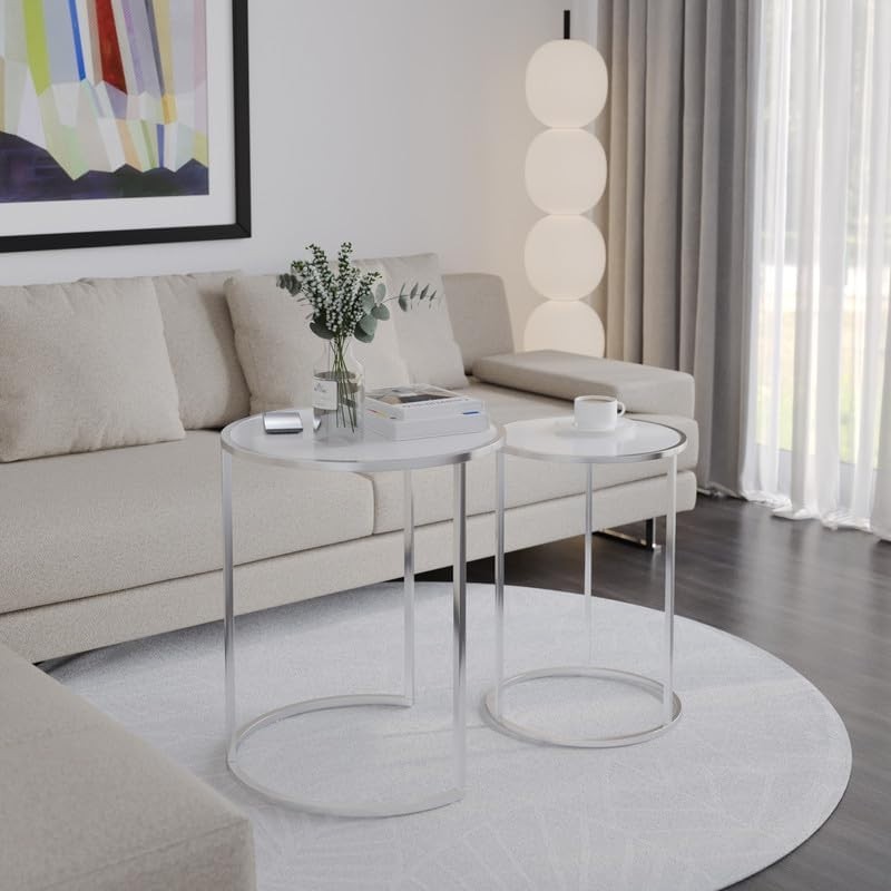 Set of 2 Round Nesting End Tables Tempered Glass Top Chrome Space Saving