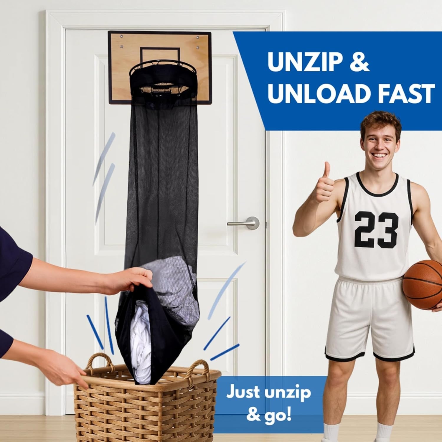 Over-Door Basketball Laundry Hamper with Hoop & Zipper Bottom for Kids Teens Roo
