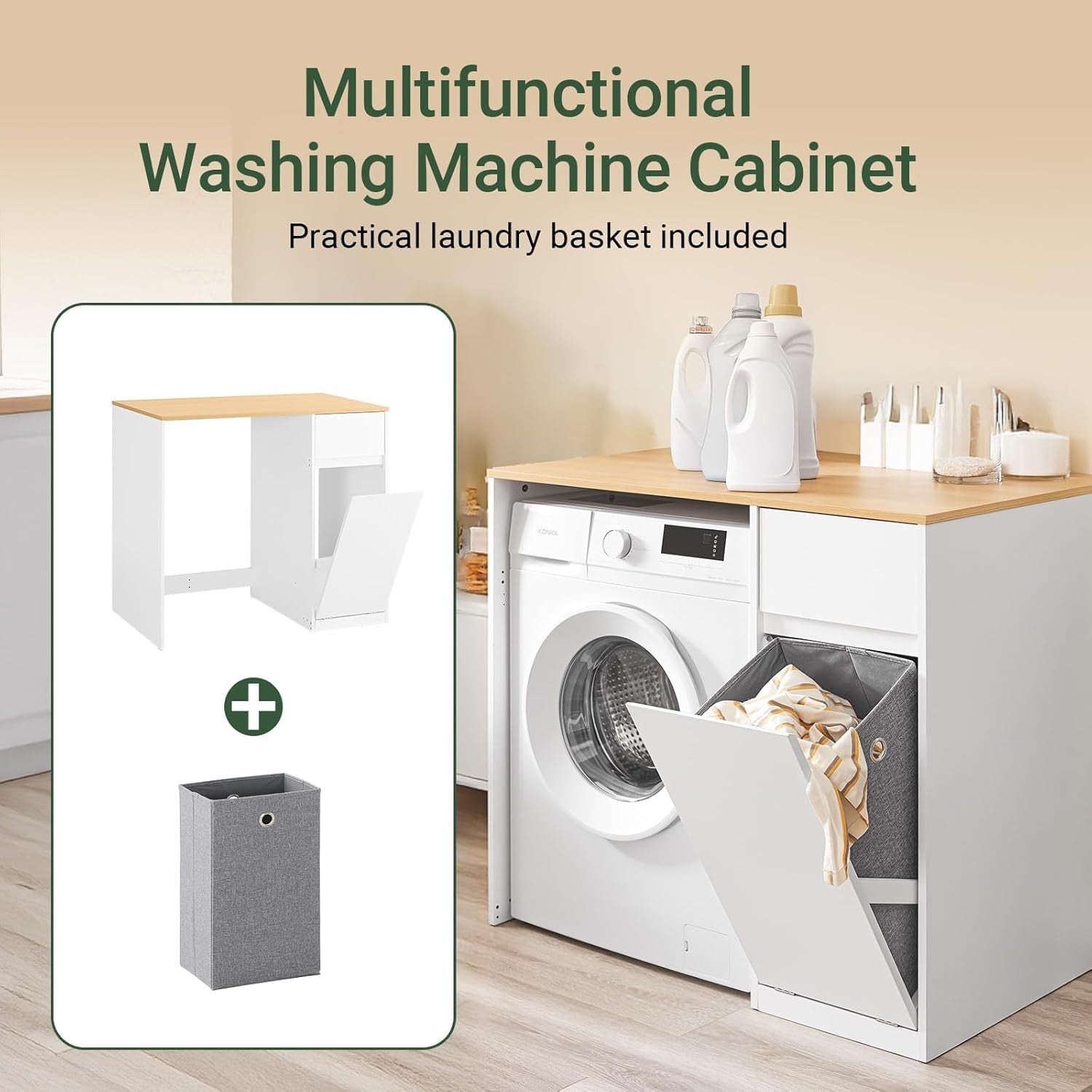 Washing Machine Cabinet with Laundry Basket Drawer Storage Unit White